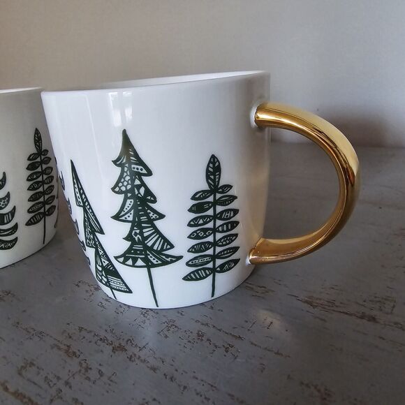 Starbucks Pine Trees Christmas  Coffee Mug Cup Christmas 14oz PAIR Gold 2015 - Picture 2 of 8